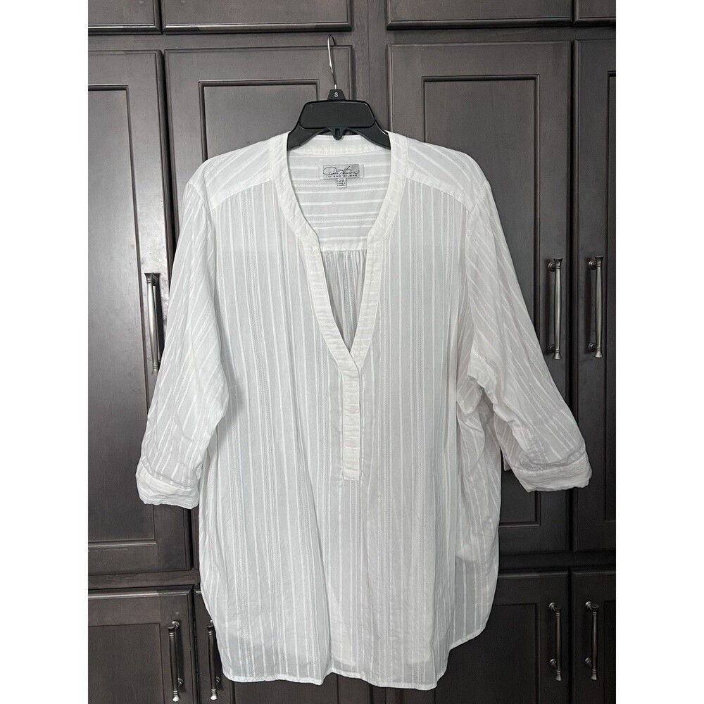 Diane Gilman White Popover Tunic Blouse Vertical Stripes 100% Cotton 2X Plus